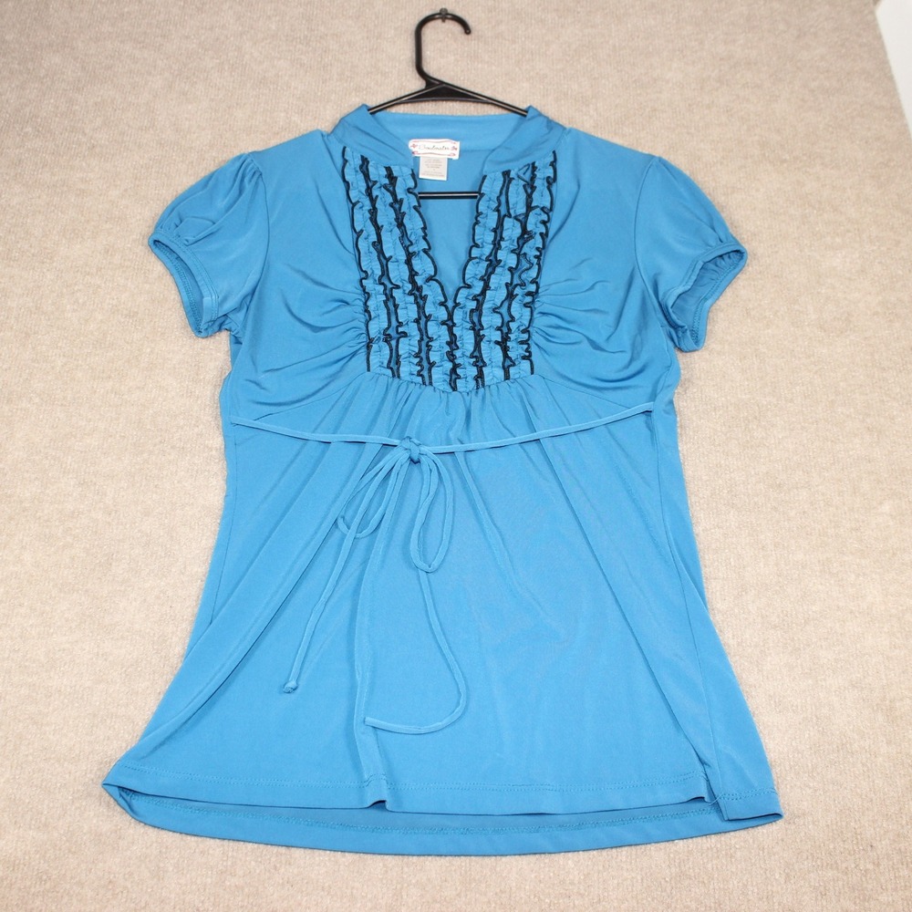 Soulmates Womens Blue Ruffle Bib Empire Waist Tie Blouse Top Large 22150AKA